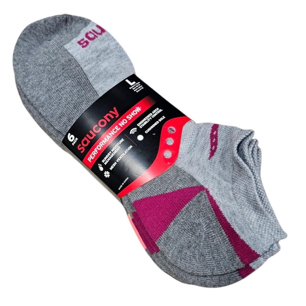 Saucony Performance No Show Socks Womens L 10-13 Grey NWT 6-Pack Arch‎ Support